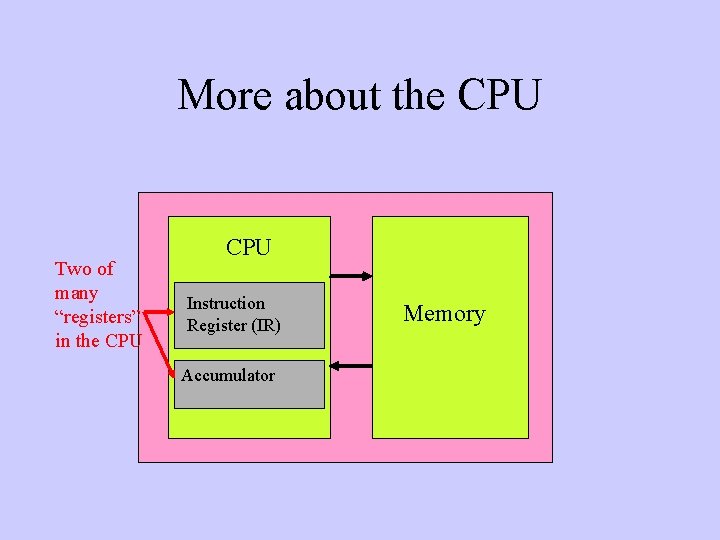 More about the CPU Two of many “registers” in the CPU Instruction Register (IR)