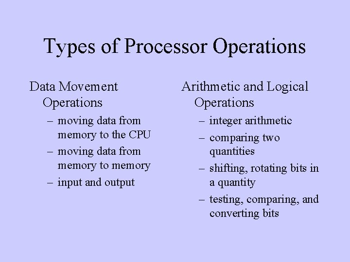 Types of Processor Operations Data Movement Operations – moving data from memory to the