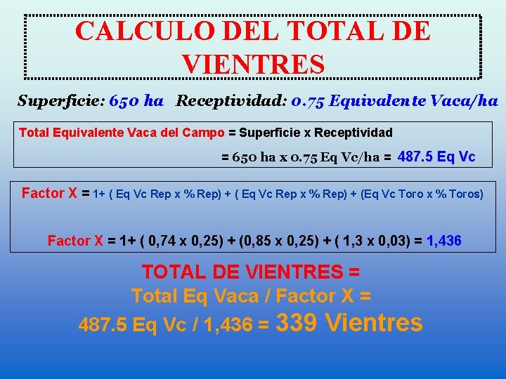 CALCULO DEL TOTAL DE VIENTRES Superficie: 650 ha Receptividad: 0. 75 Equivalente Vaca/ha Total