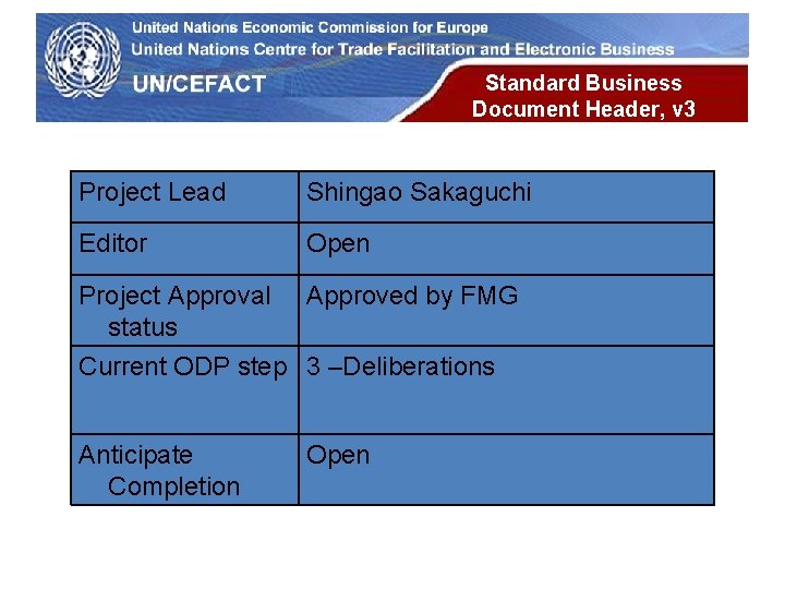 UN Economic Commission for Europe Standard Business Document Header, v 3 Project Lead Shingao