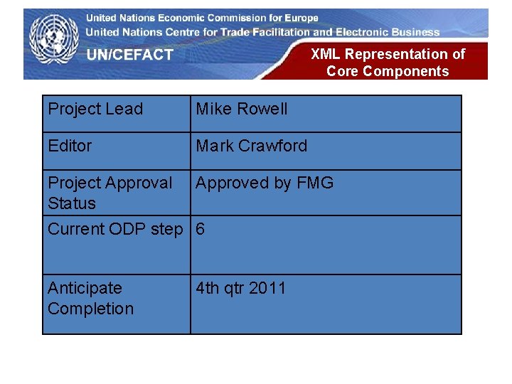 UN Economic Commission for Europe Project Lead Mike Rowell Editor Mark Crawford XML Representation UN Economic Commission for Europe Project Lead Mike Rowell Editor Mark Crawford XML Representation