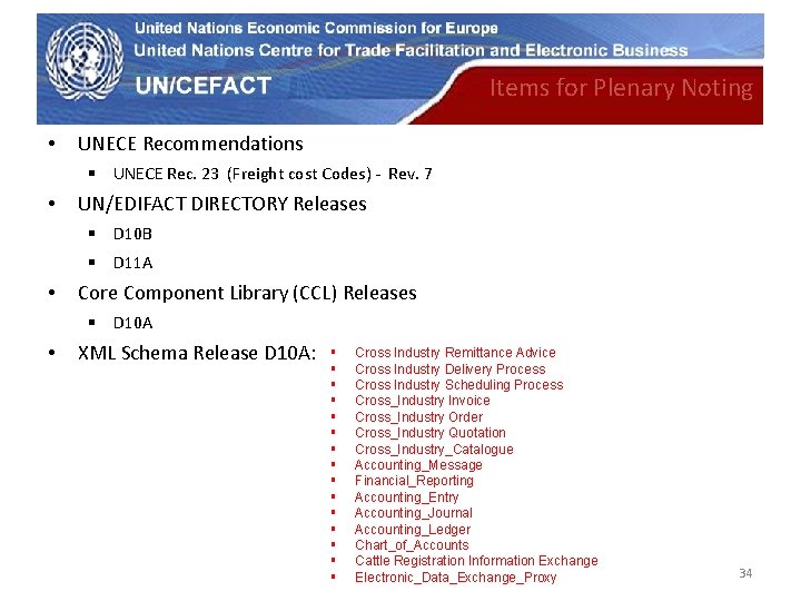 UN Economic Commission for Europe • Items for Plenary Noting UNECE Recommendations § UNECE