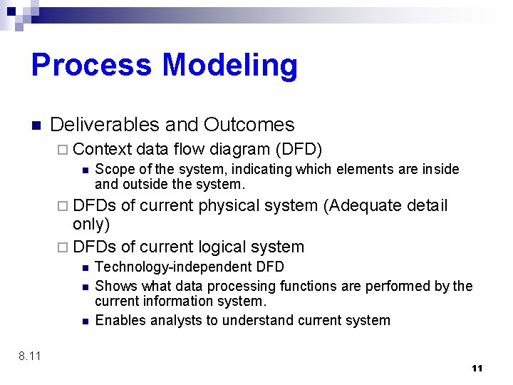 Process Modeling n Deliverables and Outcomes ¨ Context data flow diagram (DFD) n Scope