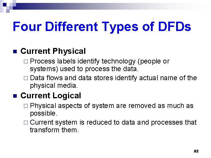 Four Different Types of DFDs n Current Physical ¨ Process labels identify technology (people