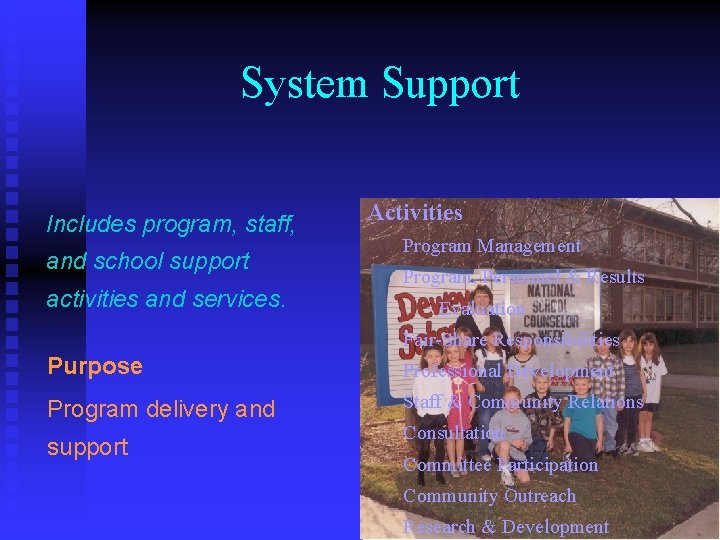System Support Includes program, staff, and school support activities and services. Activities Program Management