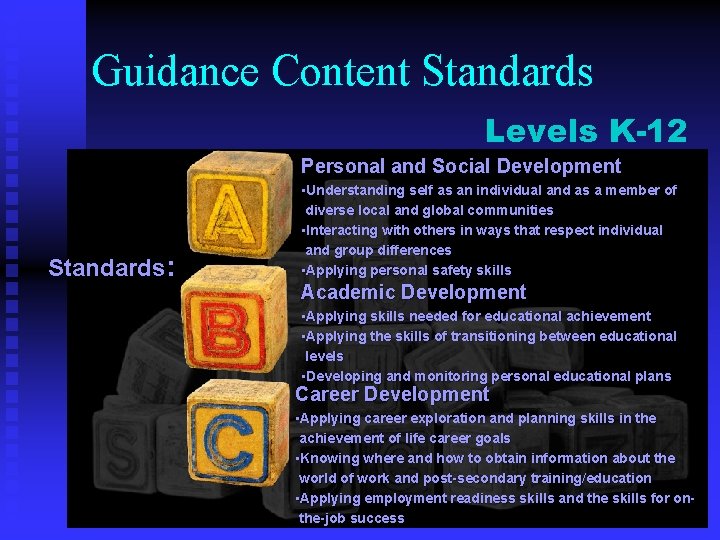 Guidance Content Standards Levels K-12 Personal and Social Development Standards: • Understanding self as