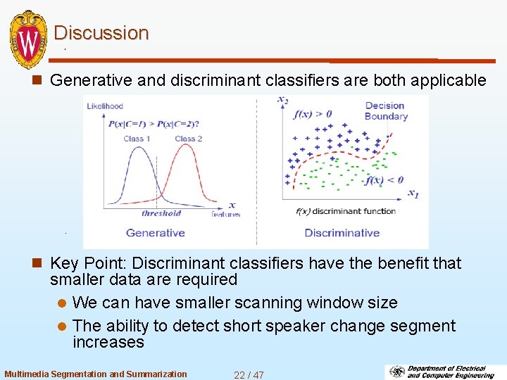 Discussion n Generative and discriminant classifiers are both applicable n Key Point: Discriminant classifiers