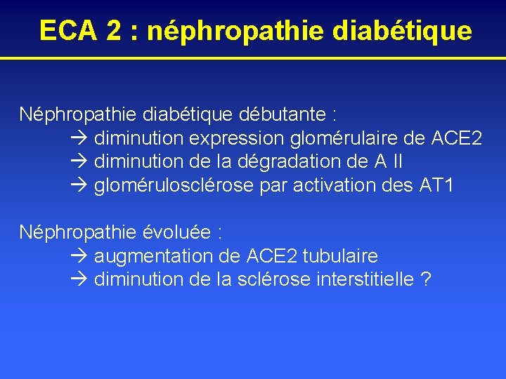 ECA 2 : néphropathie diabétique Néphropathie diabétique débutante : diminution expression glomérulaire de ACE