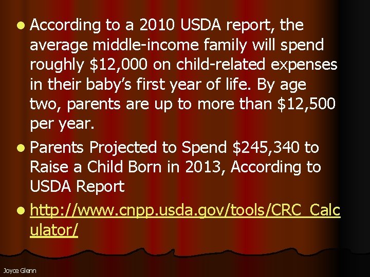 l According to a 2010 USDA report, the average middle-income family will spend roughly l According to a 2010 USDA report, the average middle-income family will spend roughly