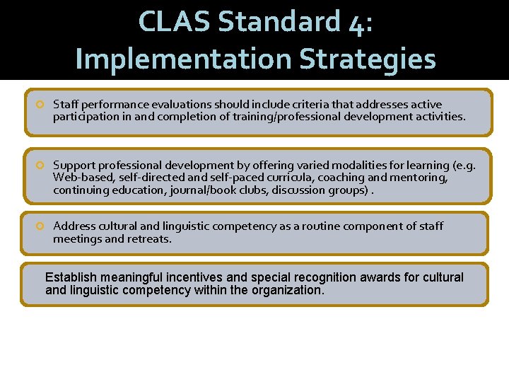 CLAS Standard 4: Implementation Strategies Staff performance evaluations should include criteria that addresses active