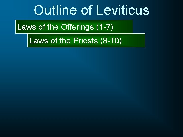 Outline of Leviticus Laws of the Offerings (1 -7) Laws of the Priests (8