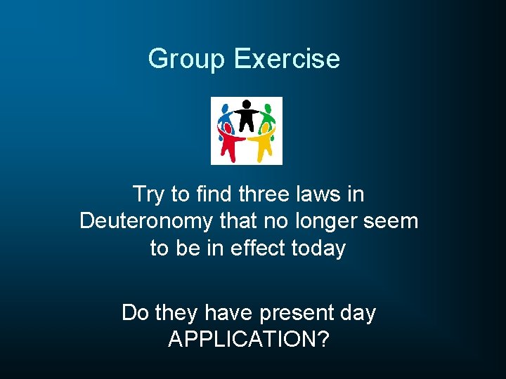 Group Exercise Try to find three laws in Deuteronomy that no longer seem to