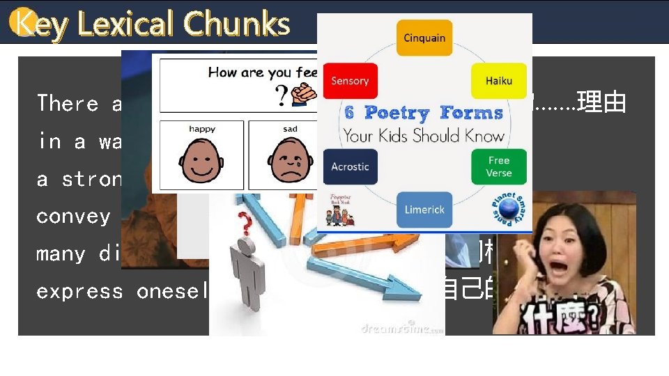 Key Lexical Chunks Chunk 有各种各样的. . . . 理由 There are various reasons why