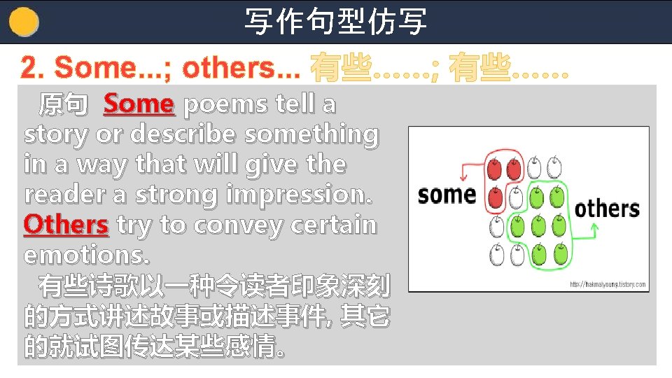 写作句型仿写 2. Some. . . ; others. . . 有些……; 有些…… 原句 Some poems