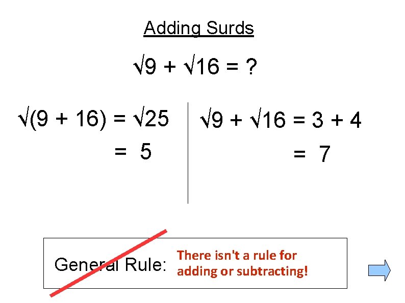 Adding Surds √ 9 + √ 16 = ? √(9 + 16) = √