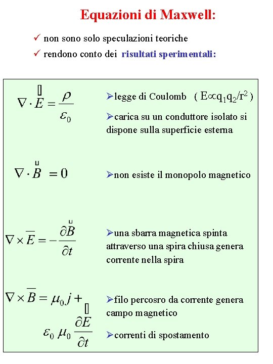 Equazioni di Maxwell: ü non sono solo speculazioni teoriche ü rendono conto dei risultati Equazioni di Maxwell: ü non sono solo speculazioni teoriche ü rendono conto dei risultati