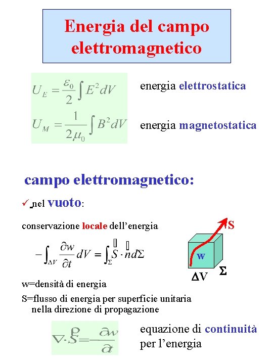 Energia del campo elettromagnetico energia elettrostatica energia magnetostatica campo elettromagnetico: ü nel vuoto: S Energia del campo elettromagnetico energia elettrostatica energia magnetostatica campo elettromagnetico: ü nel vuoto: S