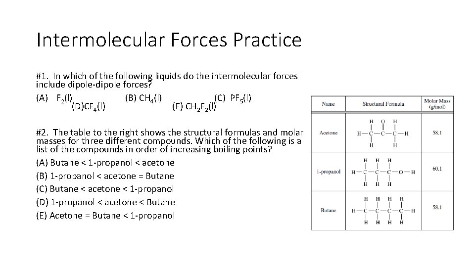 Intermolecular Forces Practice #1. In which of the following liquids do the intermolecular forces