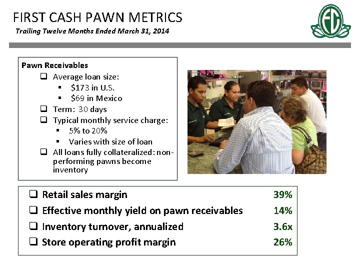 FIRST CASH PAWN METRICS Trailing Twelve Months Ended March 31, 2014 Pawn Receivables q