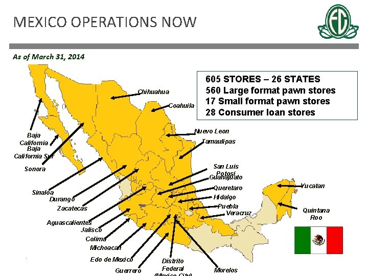 MEXICO OPERATIONS NOW As of March 31, 2014 Chihuahua Coahuila 605 STORES – 26