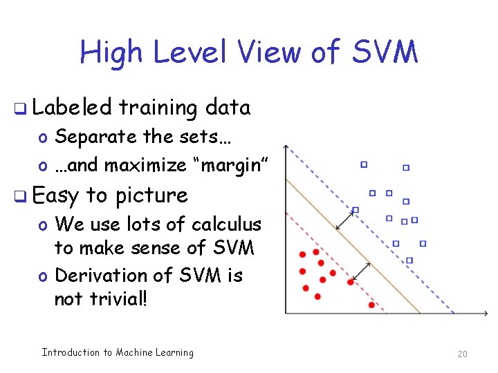 High Level View of SVM q Labeled training data o Separate the sets… o