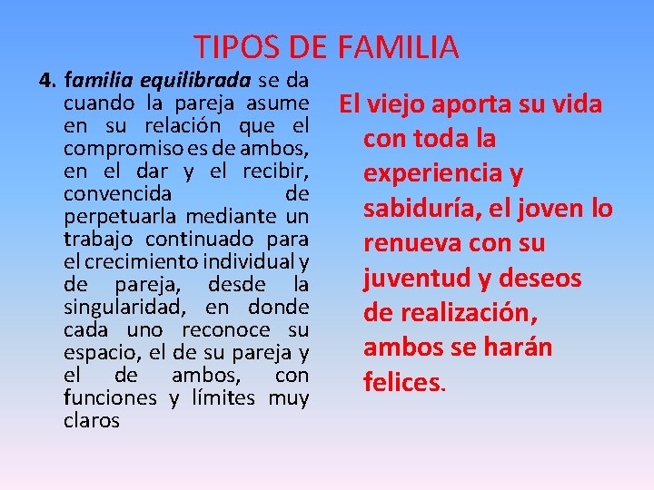 TIPOS DE FAMILIA 4. familia equilibrada se da cuando la pareja asume en su