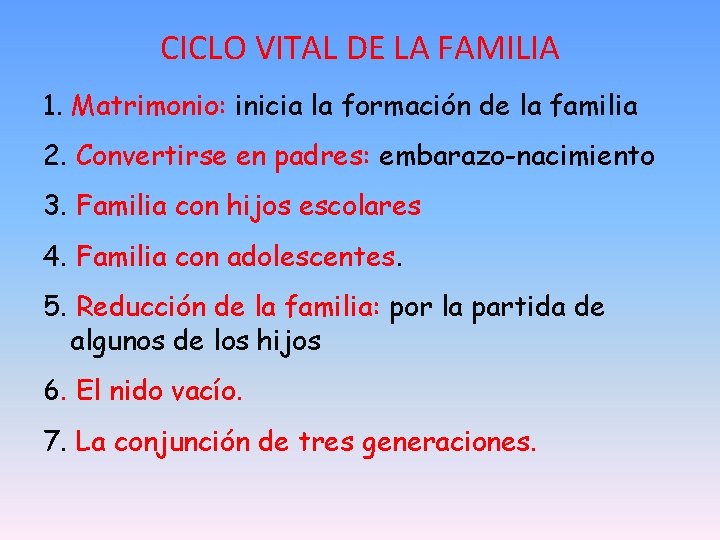 CICLO VITAL DE LA FAMILIA 1. Matrimonio: inicia la formación de la familia 2.