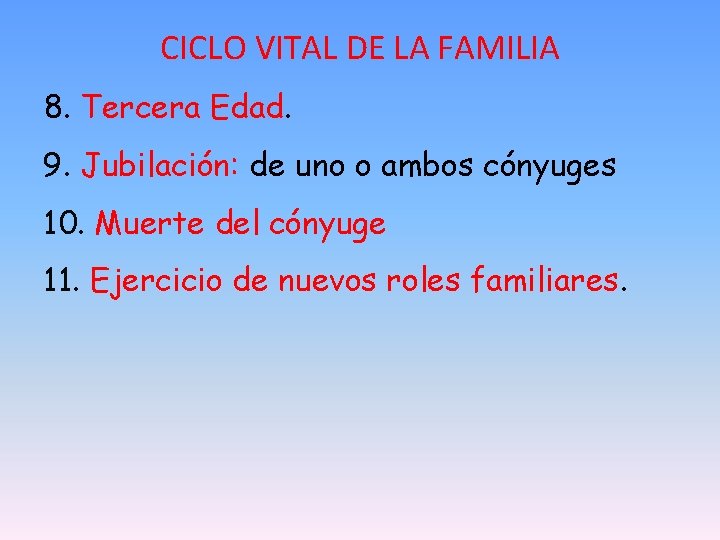 CICLO VITAL DE LA FAMILIA 8. Tercera Edad. 9. Jubilación: de uno o ambos