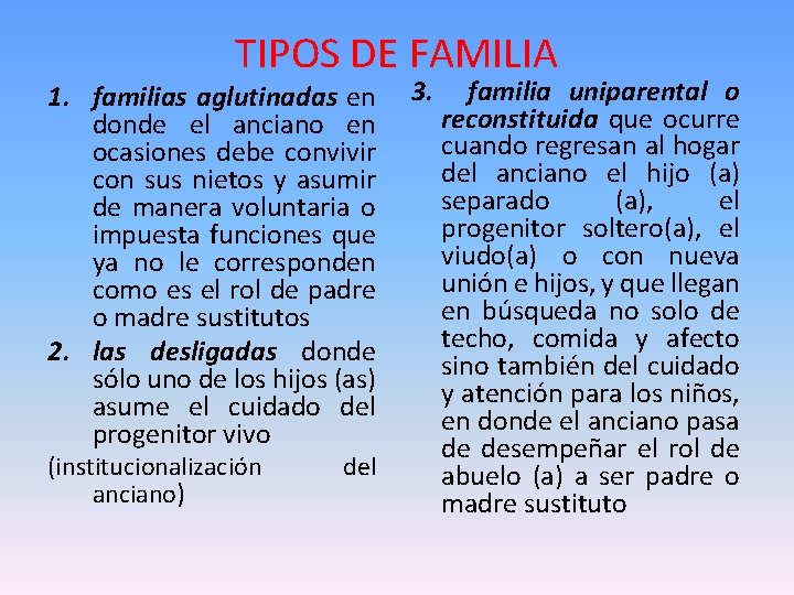 TIPOS DE FAMILIA 1. familias aglutinadas en 3. familia uniparental o reconstituida que ocurre