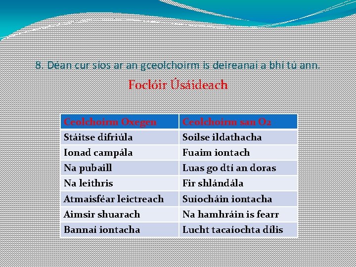 8. Déan cur síos ar an gceolchoirm is deireanaí a bhí tú ann. Foclóir