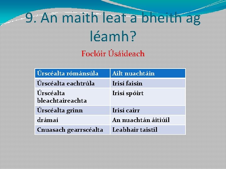 9. An maith leat a bheith ag léamh? Foclóir Úsáideach Úrscéalta rómánsúla Ailt nuachtáin