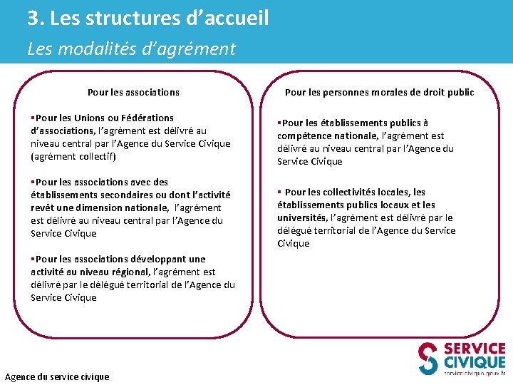 3. Les structures d’accueil Les modalités d’agrément Pour les associations §Pour les Unions ou