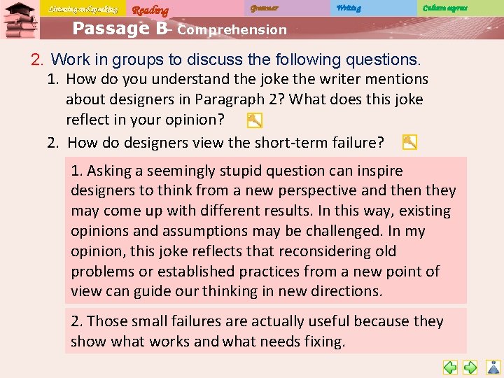 Listening and speaking Reading Grammar Writing Culture express Passage B– Comprehension 2. Work in