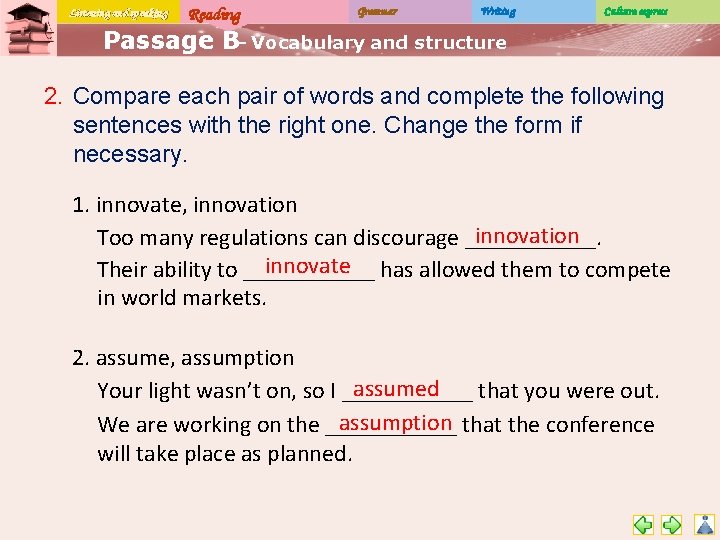 Listening and speaking Reading Grammar Writing Culture express Passage B– Vocabulary and structure 2.