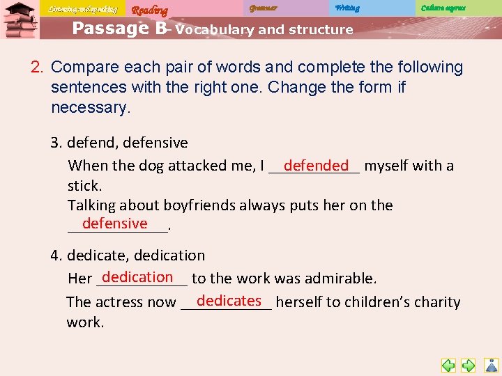 Listening and speaking Reading Grammar Writing Culture express Passage B– Vocabulary and structure 2.