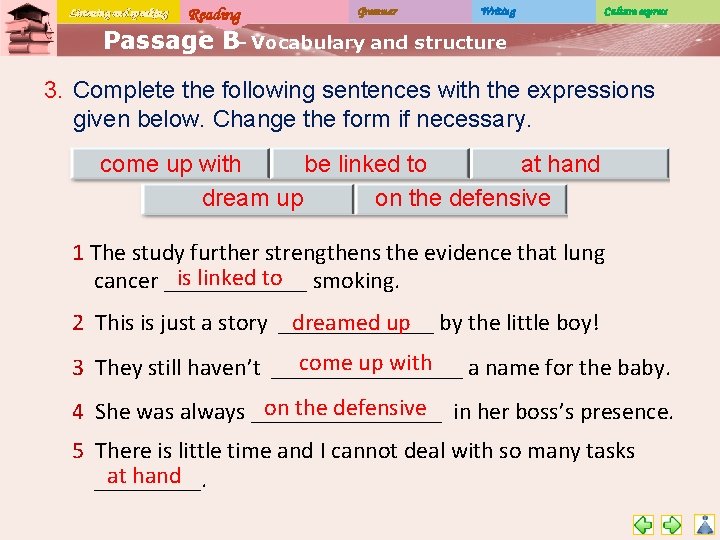 Listening and speaking Reading Grammar Writing Culture express Passage B– Vocabulary and structure 3.