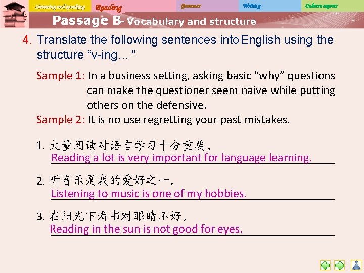 Listening and speaking Reading Grammar Writing Culture express Passage B– Vocabulary and structure 4.
