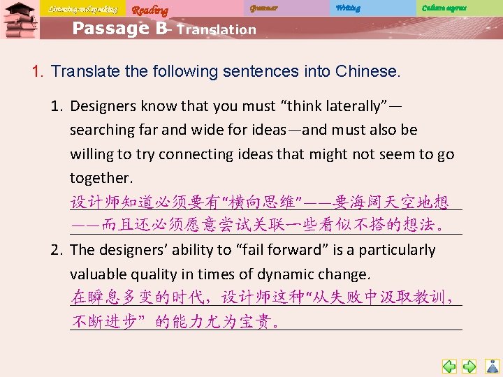 Listening and speaking Reading Grammar Writing Culture express Passage B– Translation 1. Translate the