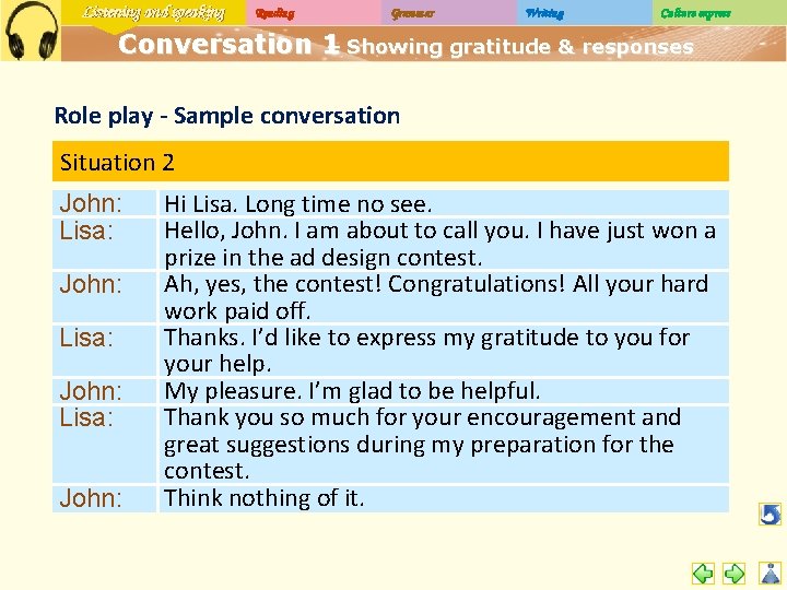 Listening and speaking Reading Grammar Writing Culture express Conversation 1 – Showing gratitude &