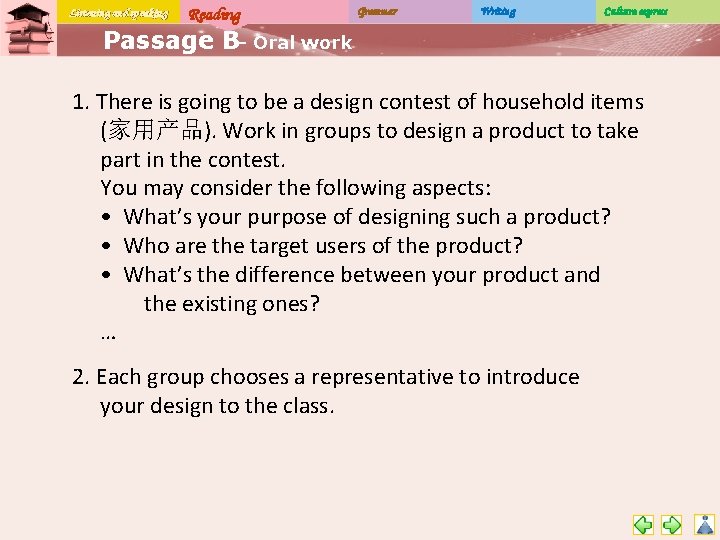 Listening and speaking Reading Grammar Writing Culture express Passage B– Oral work 1. There