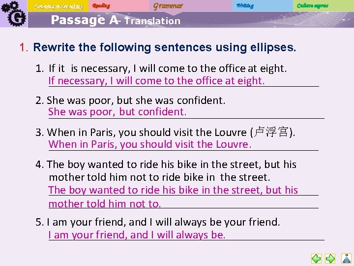 Listening and speaking Reading Grammar Writing Culture express Passage A– Translation 1. Rewrite the