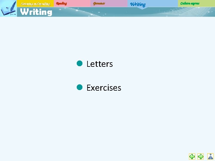 Listening and speaking Reading Grammar Writing l Letters l Exercises Writing Culture express 