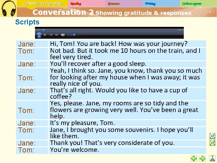 Listening and speaking Reading Grammar Writing Culture express Conversation 2 – Showing gratitude &