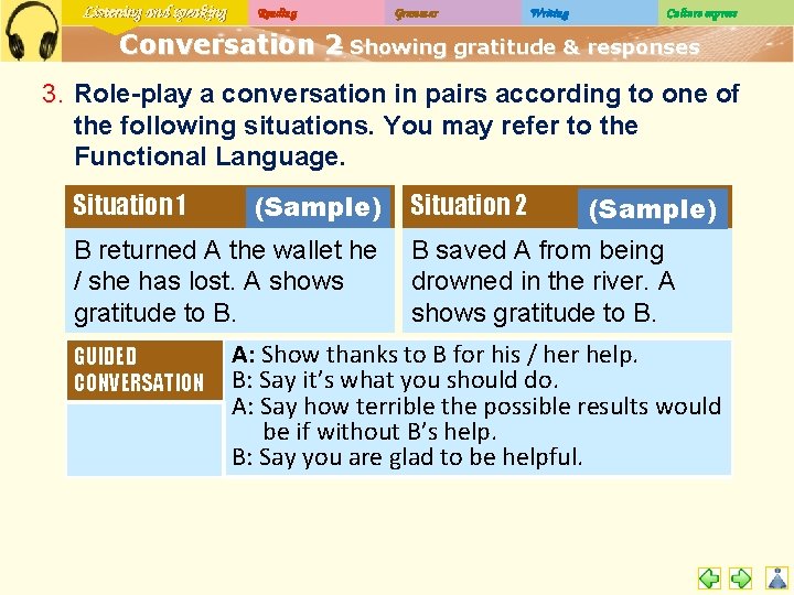Listening and speaking Reading Grammar Writing Culture express Conversation 2 – Showing gratitude &