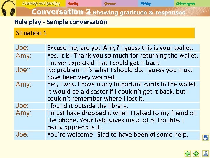 Listening and speaking Reading Grammar Writing Culture express Conversation 2 – Showing gratitude &