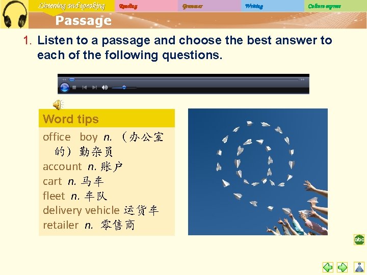Listening and speaking Reading Grammar Writing Culture express Passage 1. Listen to a passage