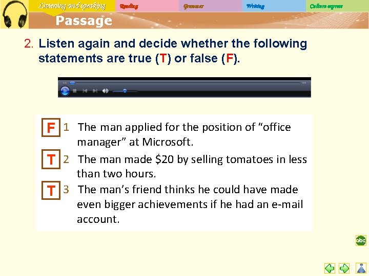 Listening and speaking Reading Grammar Writing Passage 2. Listen again and decide whether the
