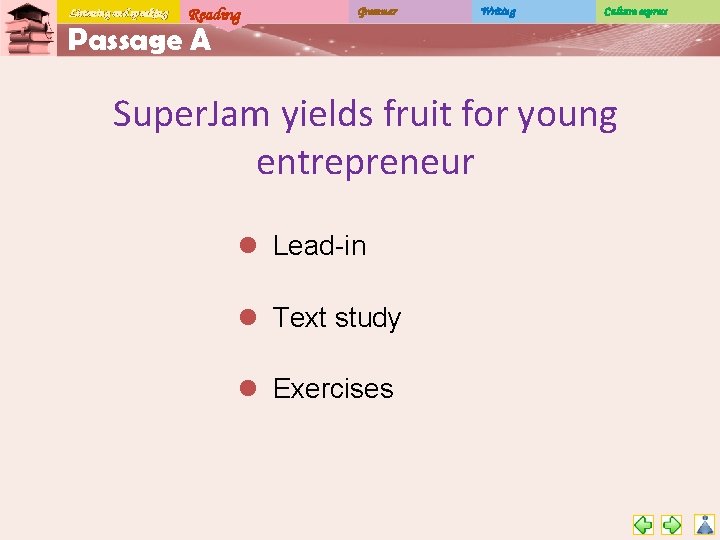 Listening and speaking Reading Grammar Writing Culture express Passage A Super. Jam yields fruit