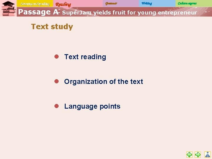 Listening and speaking Reading Grammar Writing Culture express Passage A– Super. Jam yields fruit