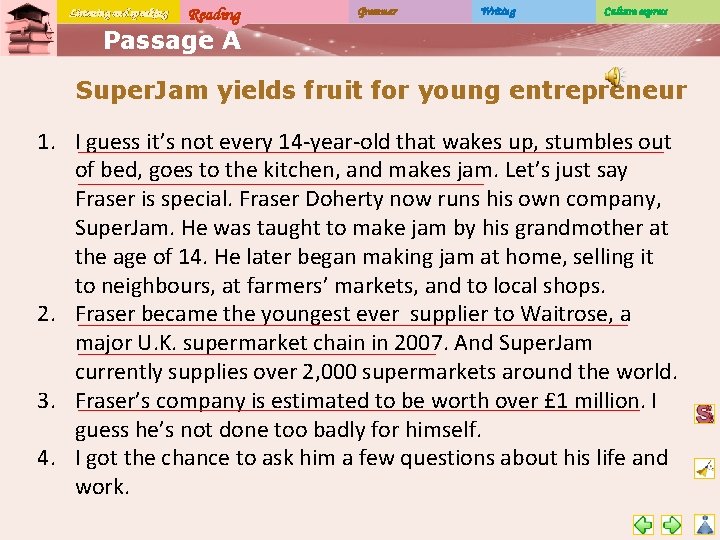 Listening and speaking Reading Grammar Writing Culture express Passage A Super. Jam yields fruit